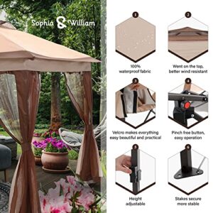 Sophia & William 11' x 11' Pop Up Gazebo Foldable Canopy with Netting and Curtain Portable Wheeled Bag, Brown Double-roof Gazebo for Patio Lawn Garden Backyard