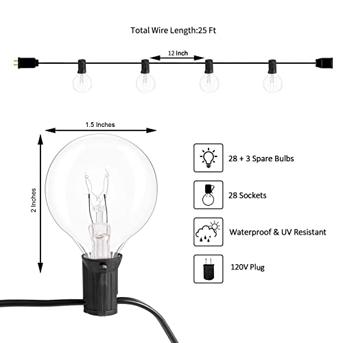 Efavormart 25FT Waterproof Connectable Hanging Outdoor/Indoor Patio String Lights with 28 Incandescent Warm White G40 Light Bulbs for Terrace, Garden, City Roof, Market, Cafe, Wedding, Birthday, Par