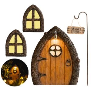 fairy door and windows for trees – glow in the dark yard art sculpture decoration for kids room, wall and trees outdoor | miniature fairy garden outdoor decor accessories with secret garden sign