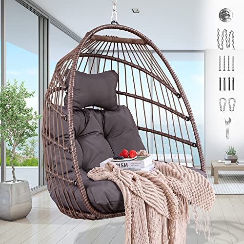 Garden Wicker Hanging Egg Chair with Seat Cushion and Pillow, Rattan Hammock Chair Ideal for Bedroom Patio Porch Lounge (Brown)