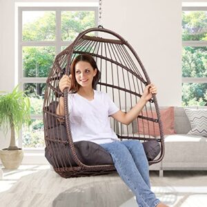 Garden Wicker Hanging Egg Chair with Seat Cushion and Pillow, Rattan Hammock Chair Ideal for Bedroom Patio Porch Lounge (Brown)