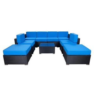 mcombo 9 pieces patio furniture sets with glass coffee table, outdoor sectional sofa with two ottomans,wicker patio conversation set with cushions 6082-9pc (blue)