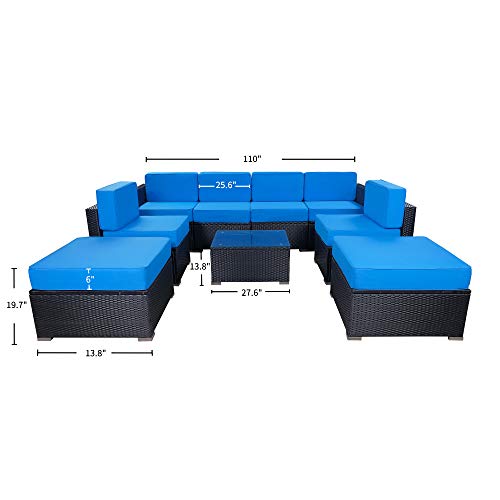 MCombo 9 Pieces Patio Furniture Sets with Glass Coffee Table, Outdoor Sectional Sofa with Two Ottomans,Wicker Patio Conversation Set with Cushions 6082-9pc (Blue)
