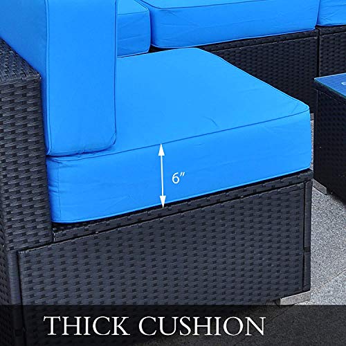 MCombo 9 Pieces Patio Furniture Sets with Glass Coffee Table, Outdoor Sectional Sofa with Two Ottomans,Wicker Patio Conversation Set with Cushions 6082-9pc (Blue)