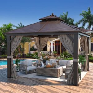 yoleny 12’x12′ hardtop gazebo with galvanized steel double roof, pergolas aluminum frame, netting and curtains included, metal outdoor gazebos for garden, patios, lawns, parties