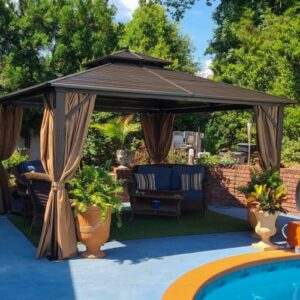 YOLENY 12'x12' Hardtop Gazebo with Galvanized Steel Double Roof, Pergolas Aluminum Frame, Netting and Curtains Included, Metal Outdoor Gazebos for Garden, Patios, Lawns, Parties