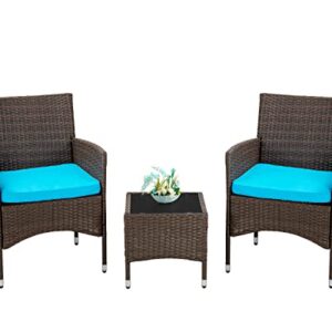 FDW Outdoor Patio Furniture Set，3 Pieces Wicker Bistro Set Outdoor Patio Set Rattan Chair Conversation Sets Patio Sofa Wicker Table Set for Yard Backyard Lawn Porch Poolside Balcony,Blue Cushion