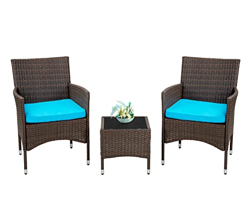 FDW Outdoor Patio Furniture Set，3 Pieces Wicker Bistro Set Outdoor Patio Set Rattan Chair Conversation Sets Patio Sofa Wicker Table Set for Yard Backyard Lawn Porch Poolside Balcony,Blue Cushion