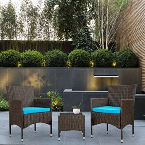 FDW Outdoor Patio Furniture Set，3 Pieces Wicker Bistro Set Outdoor Patio Set Rattan Chair Conversation Sets Patio Sofa Wicker Table Set for Yard Backyard Lawn Porch Poolside Balcony,Blue Cushion