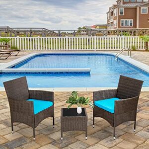 FDW Outdoor Patio Furniture Set，3 Pieces Wicker Bistro Set Outdoor Patio Set Rattan Chair Conversation Sets Patio Sofa Wicker Table Set for Yard Backyard Lawn Porch Poolside Balcony,Blue Cushion