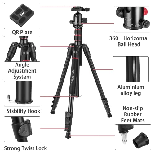 MACTREM 80" Camera Tripod, DSLR Tripod Heavy Duty for Travel, 360 ° Ball Head Professional Aluminum Tripod & Monopod with Carry Bag Compatible with Canon Nikon Sony Camcorder Phone, 33lb Load