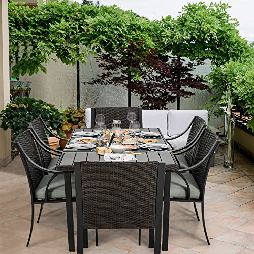 HAPPATIO Patio Dining Table for 6, Patio Furniture Size 60 x 35 x 28.5, with Umbrella Hole Dia 2"