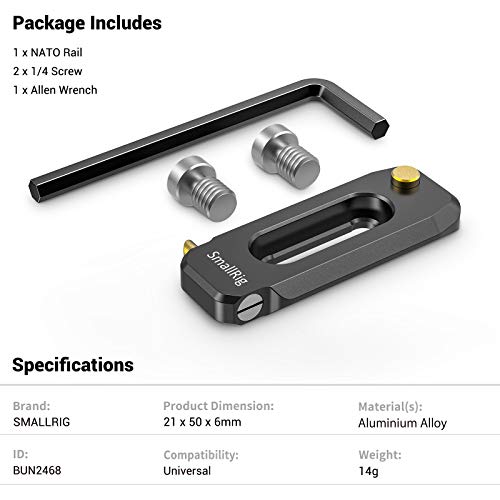 SMALLRIG Universal Low-Profile Quick Release NATO Rail Safety Rail 50mm/2inches Long with 1/4'' Screws for NATO Handle Camera Cage EVF Mount – BUN2468