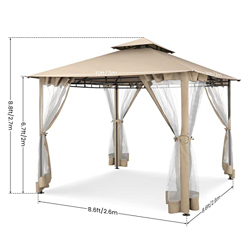 Tooluck Patio Gazebo with Mosquito Netting Outdoor Gazebo 10 Ft x 10 Ft Canopy Tent Double Roof Tops for Party, Backyard, Patio Lawn and Garden