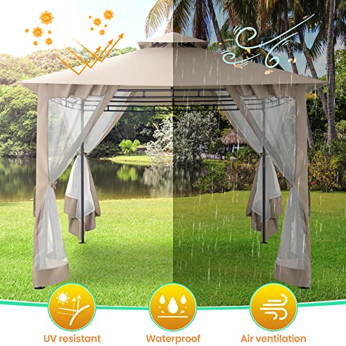 Tooluck Patio Gazebo with Mosquito Netting Outdoor Gazebo 10 Ft x 10 Ft Canopy Tent Double Roof Tops for Party, Backyard, Patio Lawn and Garden