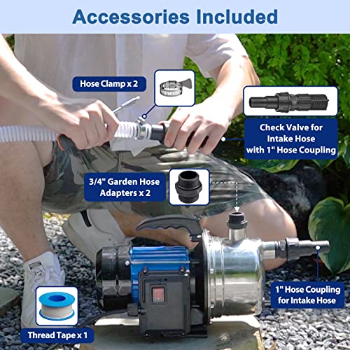 FLUENTPOWER 1.5HP Portable Sprinkler Booster Pump, Stainless Steel Shallow Well Pump 1200GPH, Water Pressure Transfer Pump for Home Garden Lawn Irrigation