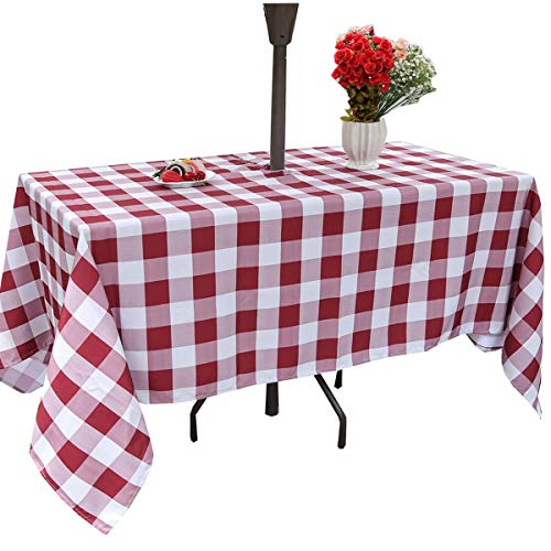 SquarePie Rectangle Outdoor Tablecloth with Zipper and Umbrella Checked Waterproof Spillproof Table Linen Cloth for Camping Picnic Patio Garden,60 X 84 Inch Burgundy Red Plaid