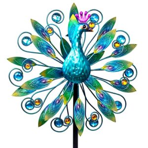 vewostar outdoor wind spinner 58″ metal peacock wind spinner double peacock wind sculpture for garden yard patio decoration