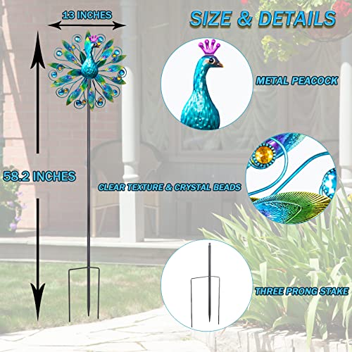 VEWOSTAR Outdoor Wind Spinner 58" Metal Peacock Wind Spinner Double Peacock Wind Sculpture for Garden Yard Patio Decoration