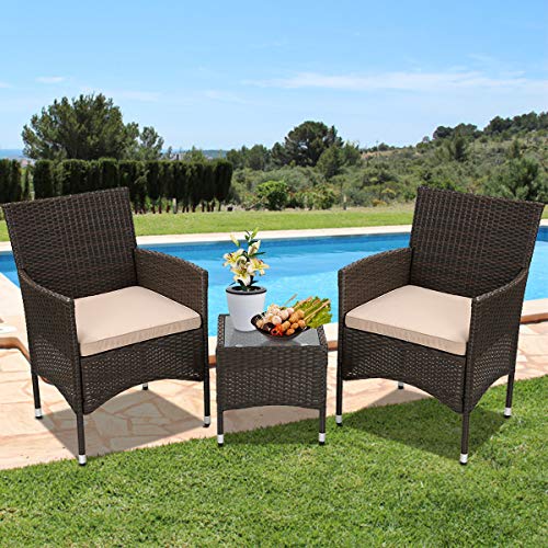 3 Pieces Patio Furniture Set Outdoor Wicker Bistro Set Rattan Chair w/ Thickened Cushions & Table Conversation Sets Patio Sofa Wicker Table Set for Yard Backyard Lawn Porch Poolside Balcony, Khaki