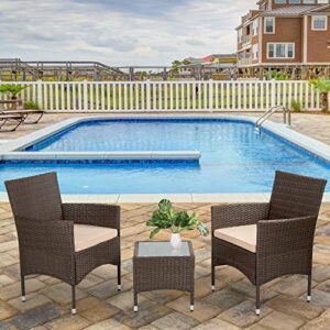 3 Pieces Patio Furniture Set Outdoor Wicker Bistro Set Rattan Chair w/ Thickened Cushions & Table Conversation Sets Patio Sofa Wicker Table Set for Yard Backyard Lawn Porch Poolside Balcony, Khaki
