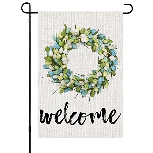 Welcome Spring Garden Flag Tulips Wreath 12 x 18 Inch Vertical Double Sized for Seasonal Summer Mothers Day Easter Yard Outdoor Decoration