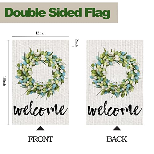 Welcome Spring Garden Flag Tulips Wreath 12 x 18 Inch Vertical Double Sized for Seasonal Summer Mothers Day Easter Yard Outdoor Decoration