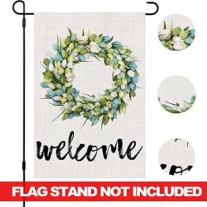 Welcome Spring Garden Flag Tulips Wreath 12 x 18 Inch Vertical Double Sized for Seasonal Summer Mothers Day Easter Yard Outdoor Decoration