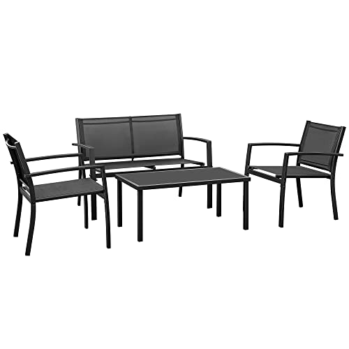 Rankok 4 Pieces Patio Furniture Set Modern Patio Conversation Sets Textilene Outdoor Furniture Patio Chairs Set of 4 with Loveseat Coffee Table for Porch Lawn Pool and Balcony (Black)