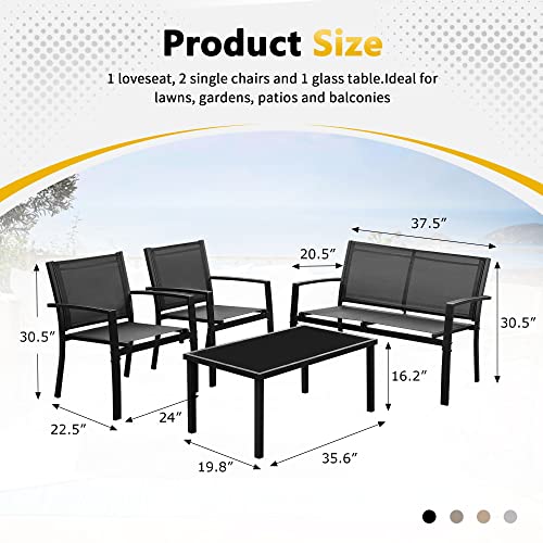 Rankok 4 Pieces Patio Furniture Set Modern Patio Conversation Sets Textilene Outdoor Furniture Patio Chairs Set of 4 with Loveseat Coffee Table for Porch Lawn Pool and Balcony (Black)