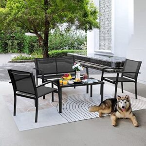 Rankok 4 Pieces Patio Furniture Set Modern Patio Conversation Sets Textilene Outdoor Furniture Patio Chairs Set of 4 with Loveseat Coffee Table for Porch Lawn Pool and Balcony (Black)