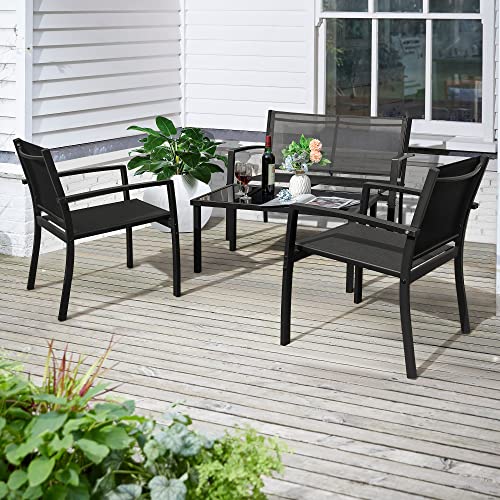 Rankok 4 Pieces Patio Furniture Set Modern Patio Conversation Sets Textilene Outdoor Furniture Patio Chairs Set of 4 with Loveseat Coffee Table for Porch Lawn Pool and Balcony (Black)