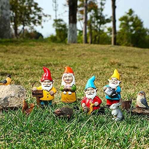 10 Pcs Outdoor Garden Mini Gnomes Statue, Fairy Garden Accessories Micro Miniature Gnomes Figurines, Resin Micro Gnomes, And Hedgehog Owl Bird Squirrel Rabbit Bucket flowerpot Decor Accessories