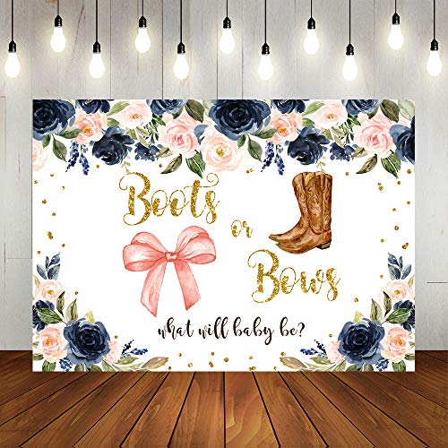 Lofaris Boots or Bows Gender Reveal Photography Backdrop He or She Baby Shower Background Navy Blue Floral What Will Baby Be Newborn Baby Party Decorations Cake Table Supplies Banner 7x5ft