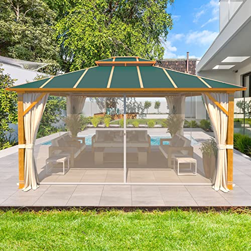 MELLCOM 12' x 14' Hardtop Gazebo, Wooden Grain Coated Aluminum Frame Outdoor Gazebo with Aluminum Double Roof, Blackish Green Metal Gazebo with Curtains and Nettings for Patios, Gardens, Lawns