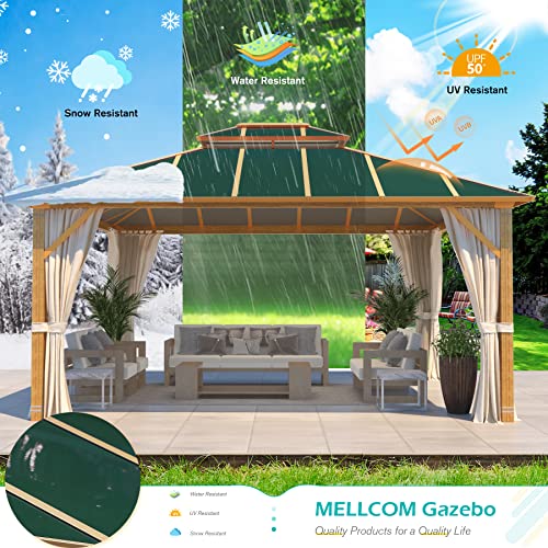 MELLCOM 12' x 14' Hardtop Gazebo, Wooden Grain Coated Aluminum Frame Outdoor Gazebo with Aluminum Double Roof, Blackish Green Metal Gazebo with Curtains and Nettings for Patios, Gardens, Lawns