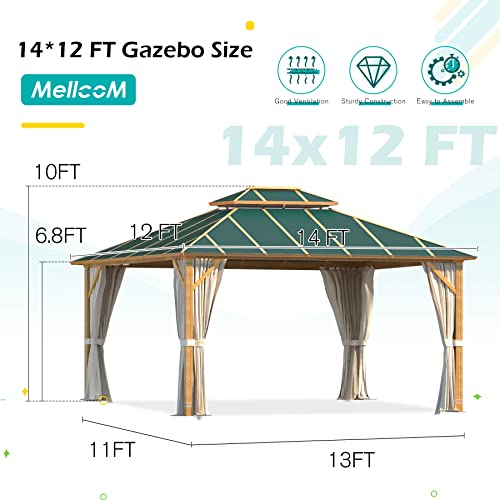 MELLCOM 12' x 14' Hardtop Gazebo, Wooden Grain Coated Aluminum Frame Outdoor Gazebo with Aluminum Double Roof, Blackish Green Metal Gazebo with Curtains and Nettings for Patios, Gardens, Lawns