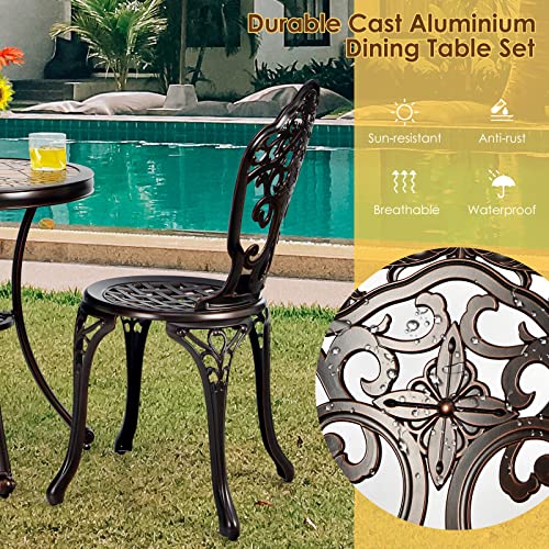 Giantex 3 Piece Patio Bistro Set, Cast Aluminum Patio Table and Chairs with Adjustable Feet, Outdoor Dining Chairs and Table Set for Lawn Porch Garden Balcony Backyard Poolside (Red Copper)