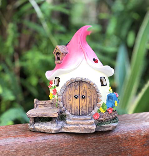 Solar Fairy Cute Garden House , Outdoor Gnome House Figurine with Solar Lights, Little Garden Cottage Figurines