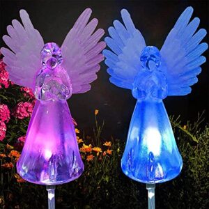 2 pack outdoor solar angel statues for christmas garden cemetery decorative light, stakes multi-color changing led waterproof lawn decor for patio cemetery grave gravesites, memorial gift