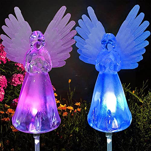 2 Pack Outdoor Solar Angel Statues for Christmas Garden Cemetery Decorative Light, Stakes Multi-Color Changing LED Waterproof Lawn Decor for Patio Cemetery Grave Gravesites, Memorial Gift