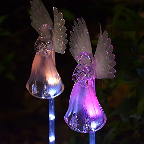 2 Pack Outdoor Solar Angel Statues for Christmas Garden Cemetery Decorative Light, Stakes Multi-Color Changing LED Waterproof Lawn Decor for Patio Cemetery Grave Gravesites, Memorial Gift