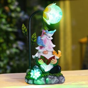 mootka garden gnome & books statue garden gnomes with solar light outdoor, garden gnome statues solar powered light home decor, gifts for mother’s day for home yard outside patio lawn (green)