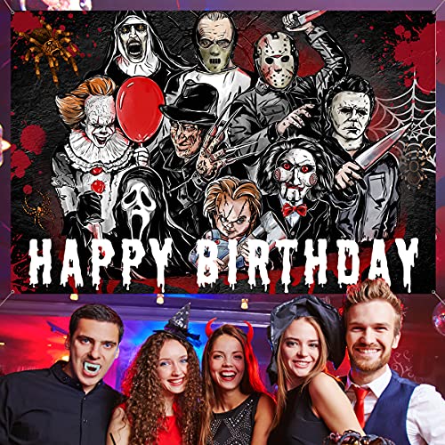 Halloween Birthday Backdrop-Horror Birthday Decorations Horror Classic Movie Character Photograph Background Banner for Scary Birthday Party, 5x3ft