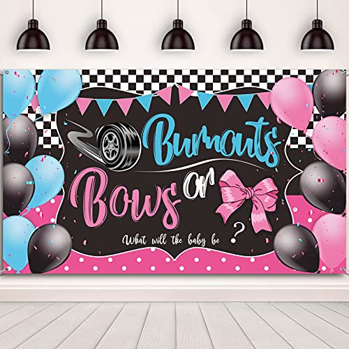 Burnouts or Bows Gender Reveal Decoration Bows or Burnouts Gender Reveal Party Supplies Boy or Girl He or She Baby Shower Banner Photography Background Gender Reveal Backdrop, 72.8 x 43.3 Inch