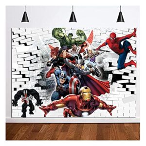 superman theme photography backdrop super city spiderman white brick wall photo background for superhero spiderman kids birthday party cake tale decor banner studio booth props 7x5ft