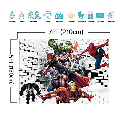 Superman Theme Photography Backdrop Super City Spiderman White Brick Wall Photo Background for Superhero Spiderman Kids Birthday Party Cake Tale Decor Banner Studio Booth Props 7x5ft