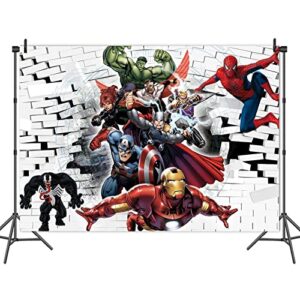 Superman Theme Photography Backdrop Super City Spiderman White Brick Wall Photo Background for Superhero Spiderman Kids Birthday Party Cake Tale Decor Banner Studio Booth Props 7x5ft