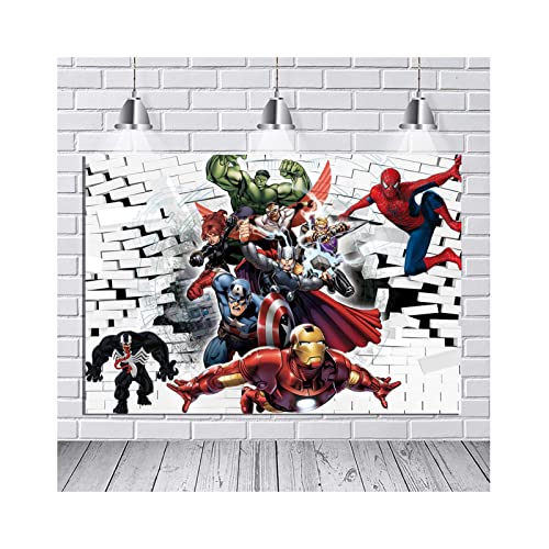 Superman Theme Photography Backdrop Super City Spiderman White Brick Wall Photo Background for Superhero Spiderman Kids Birthday Party Cake Tale Decor Banner Studio Booth Props 7x5ft