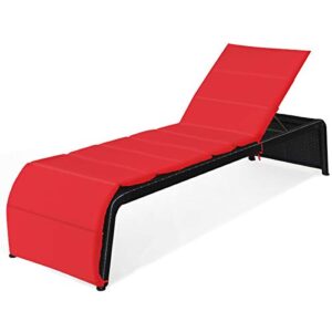 relax4life outdoor patio rattan chaise lounge, pe rattan wicker all weather lounge chair with adjustable reclining backrest and cushions for poolside porch garden and backyard (1, red)